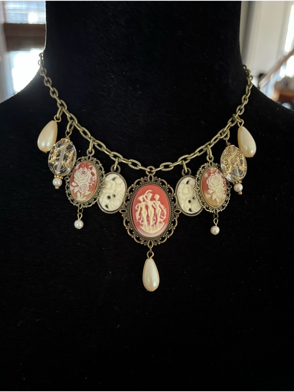 Vintage Inspired Cameo Bib Carnelian & Cream Necklace